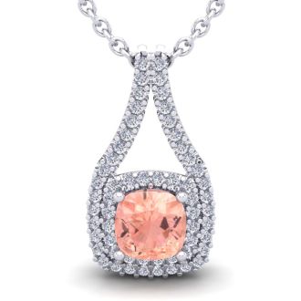 3-3/4 Carat Cushion Shape Morganite Necklace and Double Diamond Halo In 14 Karat White Gold With 18 Inch Chain