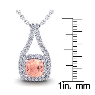 3-3/4 Carat Cushion Shape Morganite Necklace and Double Diamond Halo In 14 Karat White Gold With 18 Inch Chain