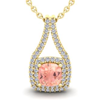 3-3/4 Carat Cushion Shape Morganite Necklace and Double Diamond Halo In 14 Karat Yellow Gold With 18 Inch Chain