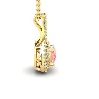 3-3/4 Carat Cushion Shape Morganite Necklace and Double Diamond Halo In 14 Karat Yellow Gold With 18 Inch Chain