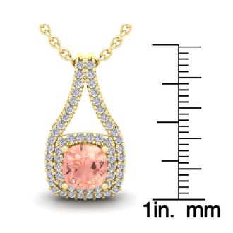 3-3/4 Carat Cushion Shape Morganite Necklace and Double Diamond Halo In 14 Karat Yellow Gold With 18 Inch Chain