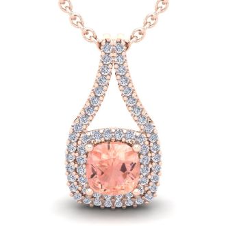 3-3/4 Carat Cushion Shape Morganite Necklace and Double Diamond Halo In 14 Karat Rose Gold With 18 Inch Chain