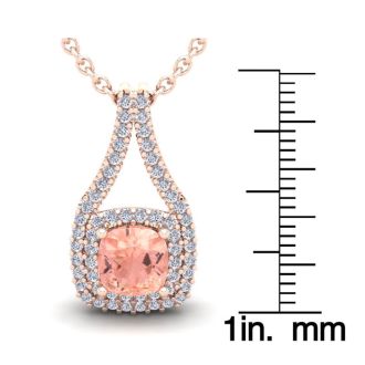 3-3/4 Carat Cushion Shape Morganite Necklace and Double Diamond Halo In 14 Karat Rose Gold With 18 Inch Chain