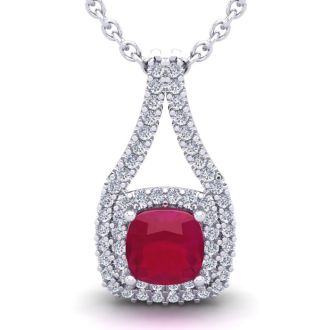 3 3/4 Carat Cushion Cut Ruby and Double Halo Diamond Necklace In 14 Karat White Gold, 18 Inches