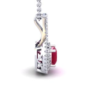 3 3/4 Carat Cushion Cut Ruby and Double Halo Diamond Necklace In 14 Karat White Gold, 18 Inches
