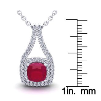 3 3/4 Carat Cushion Cut Ruby and Double Halo Diamond Necklace In 14 Karat White Gold, 18 Inches