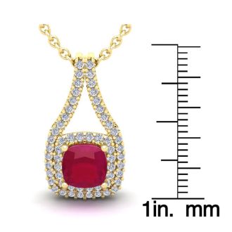 3 3/4 Carat Cushion Cut Ruby and Double Halo Diamond Necklace In 14 Karat Yellow Gold, 18 Inches