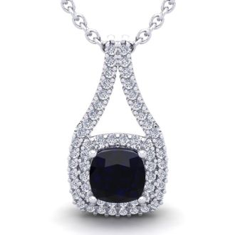 3 3/4 Carat Cushion Cut Sapphire and Double Halo Diamond Necklace In 14 Karat White Gold, 18 Inches