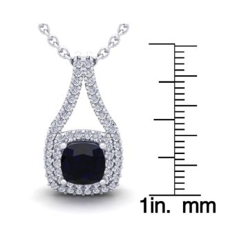 3 3/4 Carat Cushion Cut Sapphire and Double Halo Diamond Necklace In 14 Karat White Gold, 18 Inches
