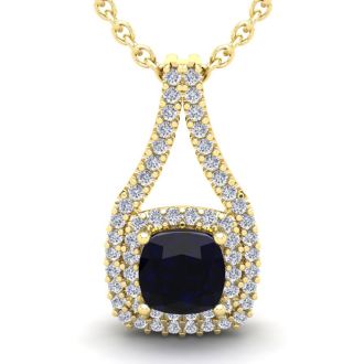 3 3/4 Carat Cushion Cut Sapphire and Double Halo Diamond Necklace In 14 Karat Yellow Gold, 18 Inches