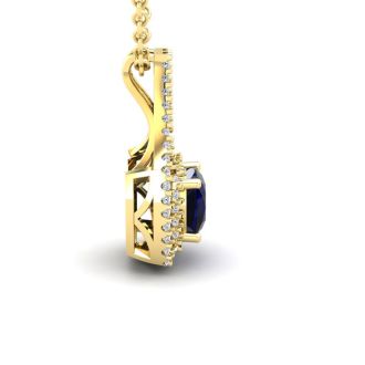 3 3/4 Carat Cushion Cut Sapphire and Double Halo Diamond Necklace In 14 Karat Yellow Gold, 18 Inches