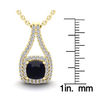 3 3/4 Carat Cushion Cut Sapphire and Double Halo Diamond Necklace In 14 Karat Yellow Gold, 18 Inches