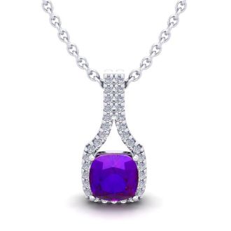 1 Carat Cushion Cut Amethyst and Classic Halo Diamond Necklace In 14 Karat White Gold, 18 Inches