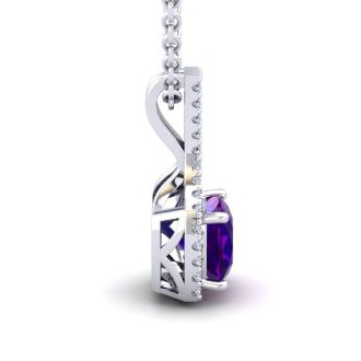 1 Carat Cushion Cut Amethyst and Classic Halo Diamond Necklace In 14 Karat White Gold, 18 Inches