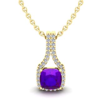 1 Carat Cushion Cut Amethyst and Classic Halo Diamond Necklace In 14 Karat Yellow Gold, 18 Inches