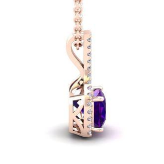 1 Carat Cushion Cut Amethyst and Classic Halo Diamond Necklace In 14 Karat Rose Gold, 18 Inches