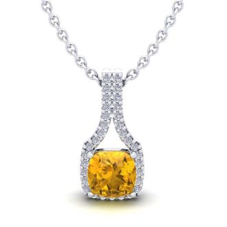 1 Carat Cushion Cut Citrine and Classic Halo Diamond Necklace In 14 Karat White Gold, 18 Inches