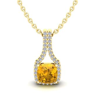 1 Carat Cushion Cut Citrine and Classic Halo Diamond Necklace In 14 Karat Yellow Gold, 18 Inches