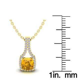1 Carat Cushion Cut Citrine and Classic Halo Diamond Necklace In 14 Karat Yellow Gold, 18 Inches