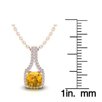 1 Carat Cushion Cut Citrine and Classic Halo Diamond Necklace In 14 Karat Rose Gold, 18 Inches