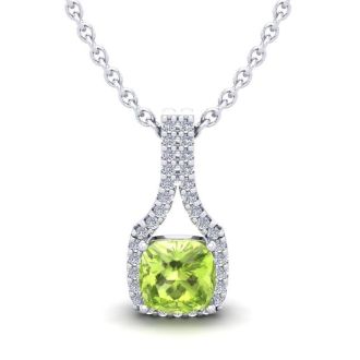 1 1/4 Carat Cushion Cut Peridot and Classic Halo Diamond Necklace In 14 Karat White Gold, 18 Inches