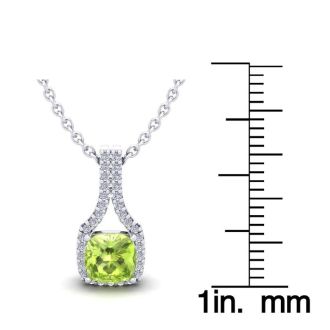 1 1/4 Carat Cushion Cut Peridot and Classic Halo Diamond Necklace In 14 Karat White Gold, 18 Inches