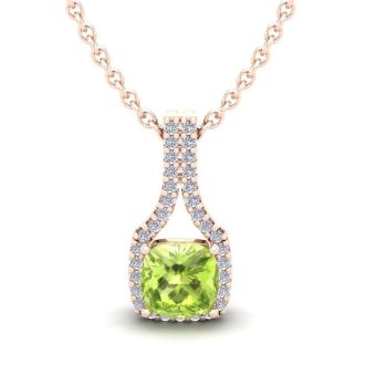 1 1/4 Carat Cushion Cut Peridot and Classic Halo Diamond Necklace In 14 Karat Rose Gold, 18 Inches