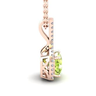 1 1/4 Carat Cushion Cut Peridot and Classic Halo Diamond Necklace In 14 Karat Rose Gold, 18 Inches