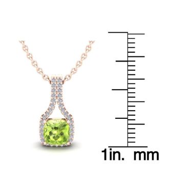 1 1/4 Carat Cushion Cut Peridot and Classic Halo Diamond Necklace In 14 Karat Rose Gold, 18 Inches