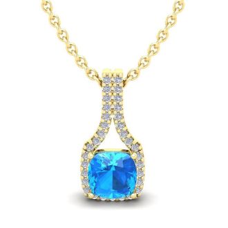 1 1/3 Carat Cushion Cut Blue Topaz and Classic Halo Diamond Necklace In 14 Karat Yellow Gold, 18 Inches