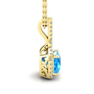 1 1/3 Carat Cushion Cut Blue Topaz and Classic Halo Diamond Necklace In 14 Karat Yellow Gold, 18 Inches