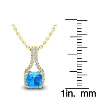 1 1/3 Carat Cushion Cut Blue Topaz and Classic Halo Diamond Necklace In 14 Karat Yellow Gold, 18 Inches