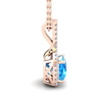 1 1/3 Carat Cushion Cut Blue Topaz and Classic Halo Diamond Necklace In 14 Karat Rose Gold, 18 Inches