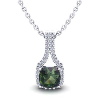 1-1/2 Carat Cushion Shape Mystic Topaz Necklace With Diamond Halo In 14 Karat White Gold, 18 Inches