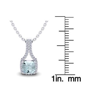 Aquamarine Necklace: Aquamarine Jewelry: 1 Carat Cushion Cut Aquamarine and Classic Halo Diamond Necklace In 14 Karat White Gold, 18 Inches