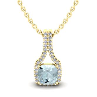 Aquamarine Necklace: Aquamarine Jewelry: 1 Carat Cushion Cut Aquamarine and Classic Halo Diamond Necklace In 14 Karat Yellow Gold, 18 Inches