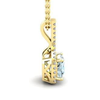 Aquamarine Necklace: Aquamarine Jewelry: 1 Carat Cushion Cut Aquamarine and Classic Halo Diamond Necklace In 14 Karat Yellow Gold, 18 Inches