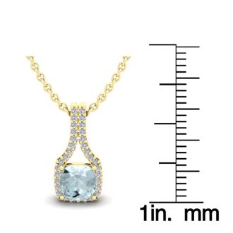 Aquamarine Necklace: Aquamarine Jewelry: 1 Carat Cushion Cut Aquamarine and Classic Halo Diamond Necklace In 14 Karat Yellow Gold, 18 Inches