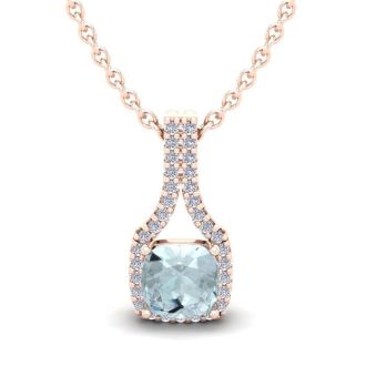 Aquamarine Necklace: Aquamarine Jewelry: 1 Carat Cushion Cut Aquamarine and Classic Halo Diamond Necklace In 14 Karat Rose Gold, 18 Inches
