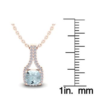 Aquamarine Necklace: Aquamarine Jewelry: 1 Carat Cushion Cut Aquamarine and Classic Halo Diamond Necklace In 14 Karat Rose Gold, 18 Inches