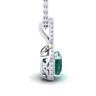 1-1/3 Carat Cushion Shape Emerald Necklaces With Diamond Halo In 14 Karat White Gold, 18 Inch Chain