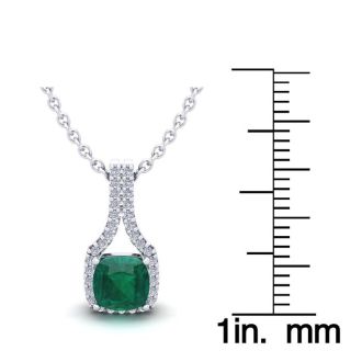 1-1/3 Carat Cushion Shape Emerald Necklaces With Diamond Halo In 14 Karat White Gold, 18 Inch Chain