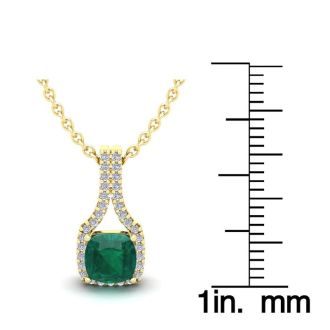 1-1/3 Carat Cushion Shape Emerald Necklaces With Diamond Halo In 14 Karat Yellow Gold, 18 Inch Chain