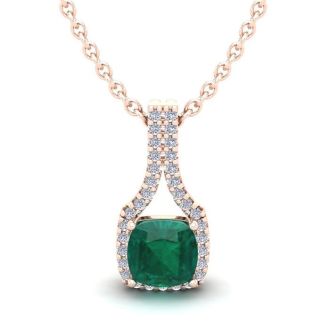 1-1/3 Carat Cushion Shape Emerald Necklaces With Diamond Halo In 14 Karat Rose Gold, 18 Inch Chain