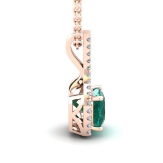 1-1/3 Carat Cushion Shape Emerald Necklaces With Diamond Halo In 14 Karat Rose Gold, 18 Inch Chain