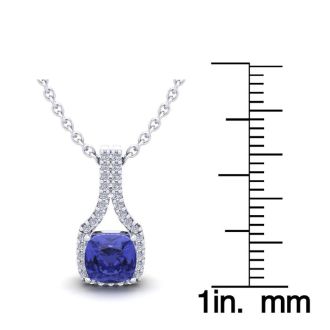 1 1/4 Carat Cushion Cut Tanzanite and Classic Halo Diamond Necklace In 14 Karat White Gold, 18 Inches