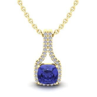 1 1/4 Carat Cushion Cut Tanzanite and Classic Halo Diamond Necklace In 14 Karat Yellow Gold, 18 Inches