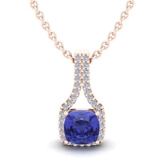 1 1/4 Carat Cushion Cut Tanzanite and Classic Halo Diamond Necklace In 14 Karat Rose Gold, 18 Inches