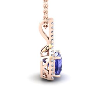 1 1/4 Carat Cushion Cut Tanzanite and Classic Halo Diamond Necklace In 14 Karat Rose Gold, 18 Inches