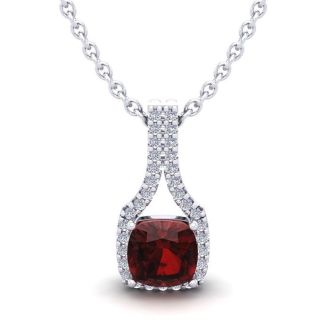 Garnet Necklace: Garnet Jewelry: 1 1/3 Carat Cushion Cut Garnet and Classic Halo Diamond Necklace In 14 Karat White Gold, 18 Inches
